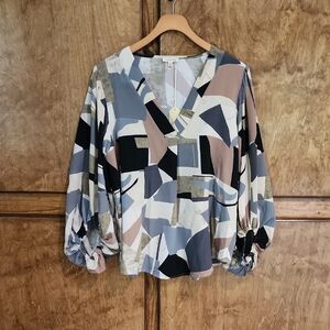 Women's Blouse- Multicolor- V-neck- Long Sleeve Size Small